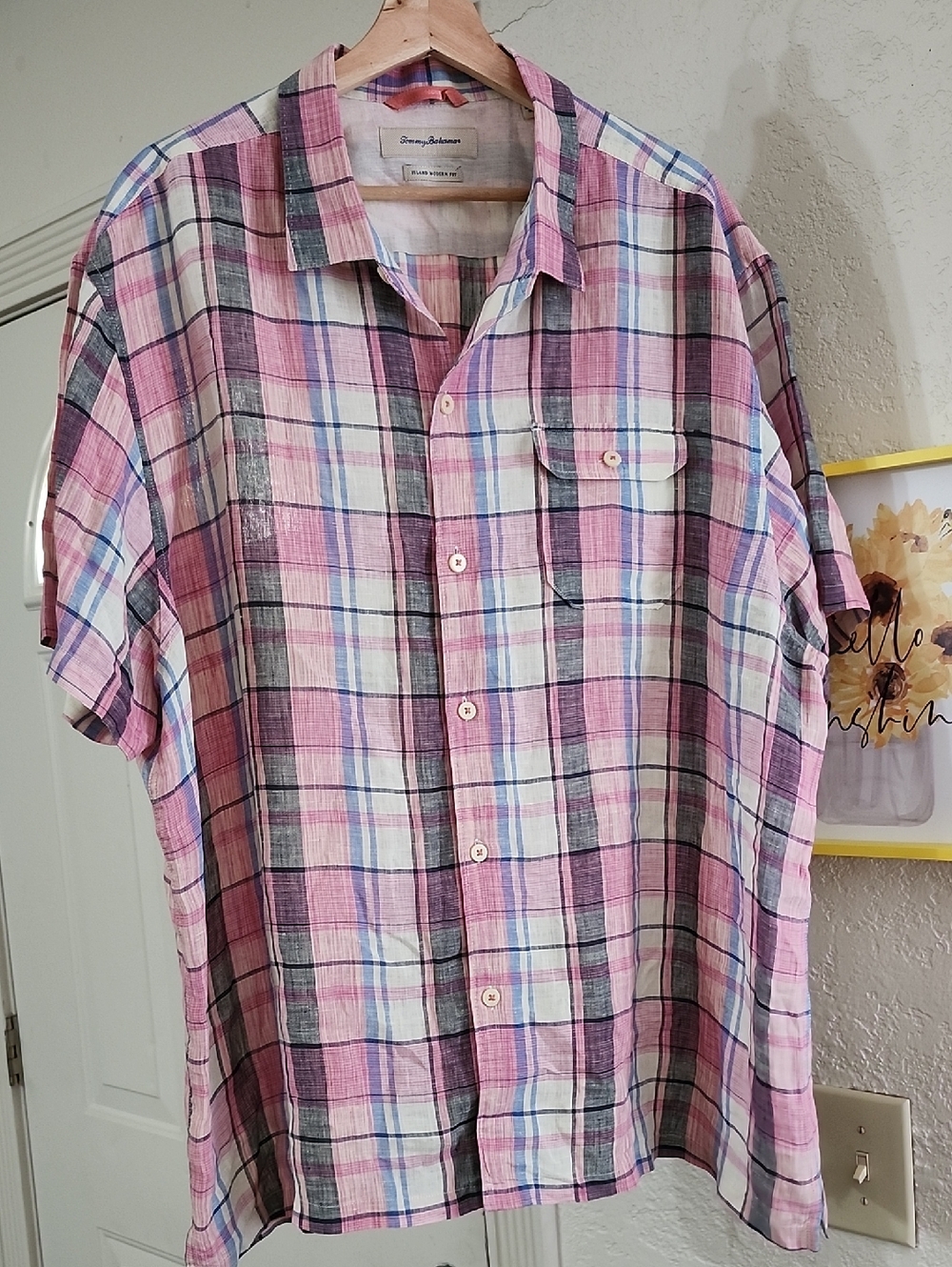 Tommy Bahama 100% Linen Shirt Mens XXL Pink Blue Plaid Island Modern Fit Resort
